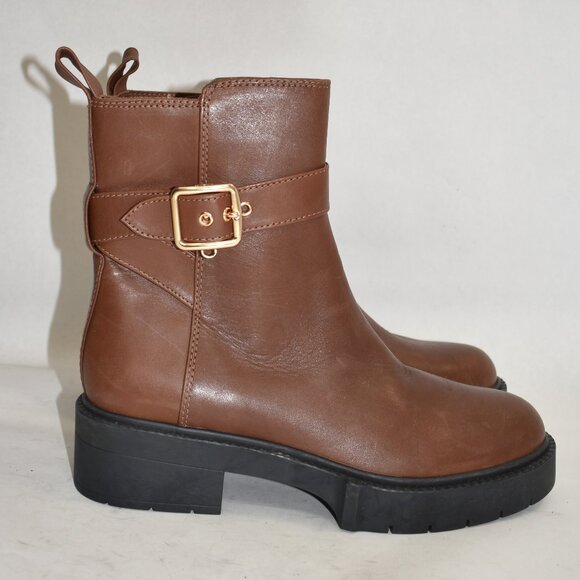 $350 COACH Lacey Bootie BUCKLED CHUNKY LEATHER BROWN GOLD HARDWARE 9 (MF6) - Picture 2 of 8